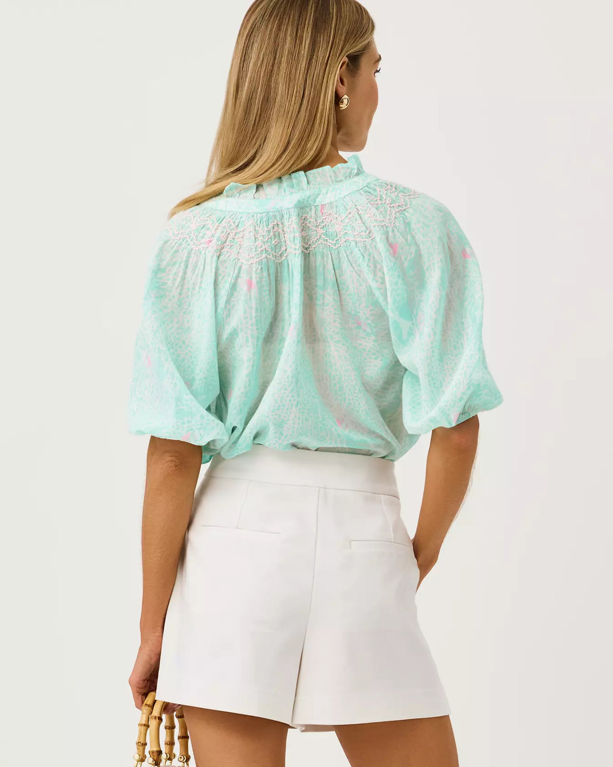 Ruffle Collar Hand Smocked Puff Sleeve Printed Relaxed Fit Blouse